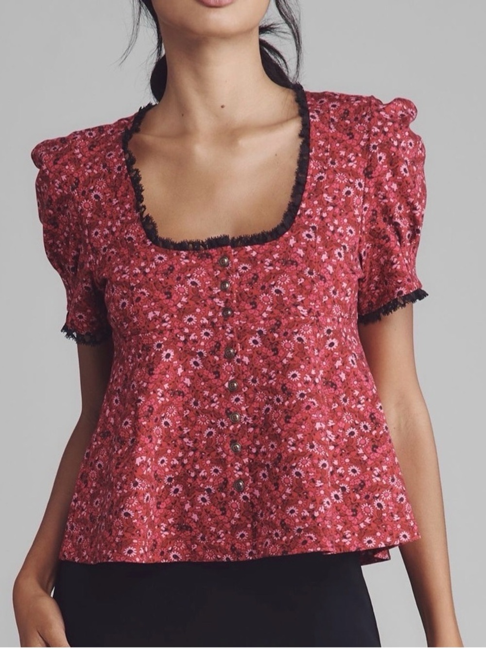 Anthropologie Maeve Pink Floral Puff-Sleeve Babydoll Top XXS NWT